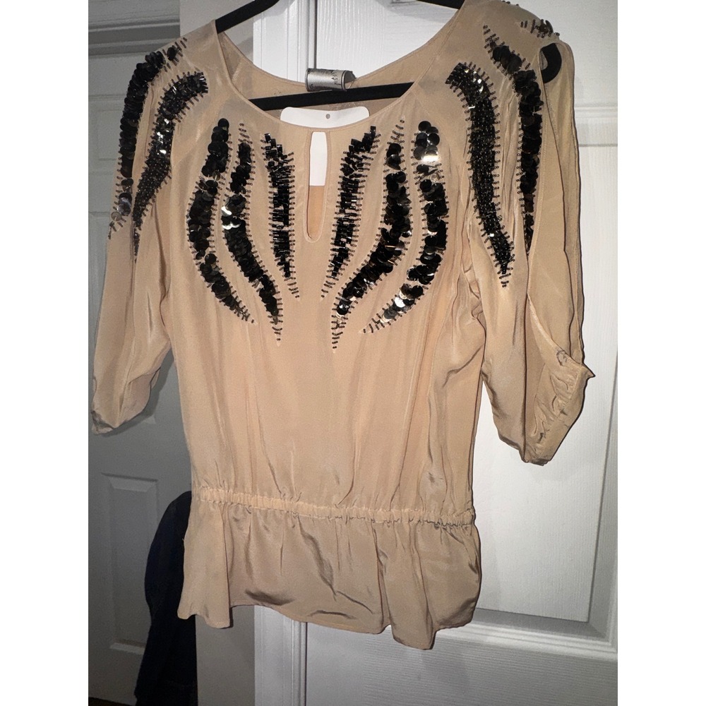 Yoana Baraschi Beige Silk Sequin Beaded Peplum Blouse‎ Keyhole Top Size M
